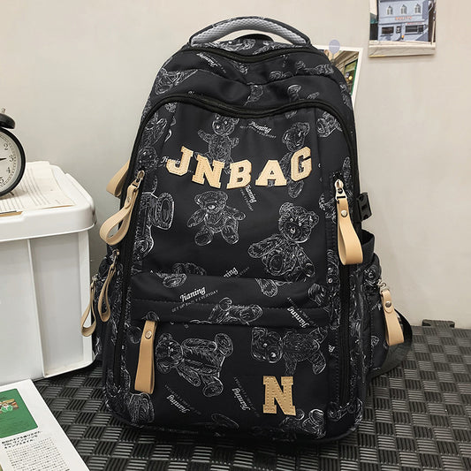 Fashionable Letter Print Backpack for Kids and Students, Breathable Nylon School Bag with Cute Bear Pattern