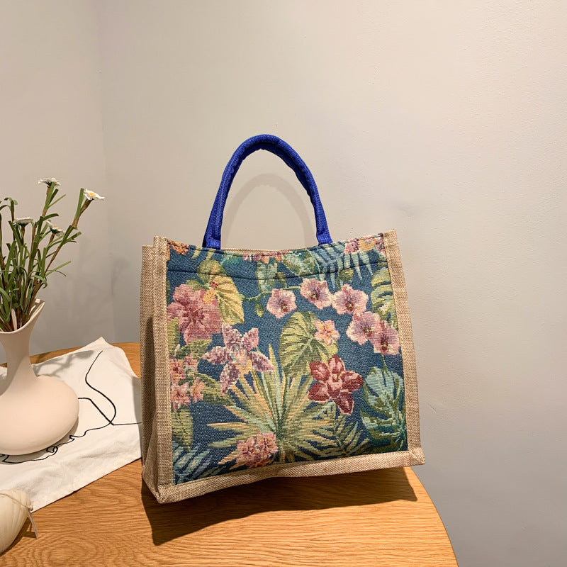 Women's Handbag New Large Capacity Ethnic Style Cotton Linen Tote Bag Flowers Print Magnetic Snap Handbag Daily All-Match Fashion Women's Bag