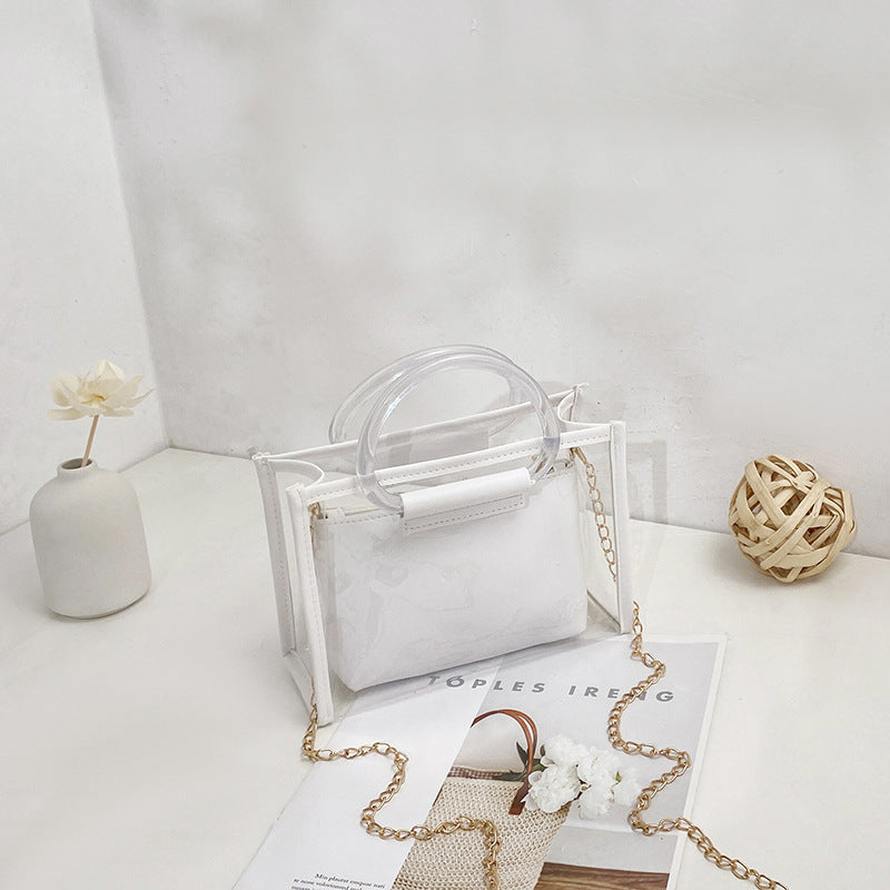 Transparent PVC Mini Tote Bag with Chain Strap and Circular Handle for Women - Fashionable Daily Use