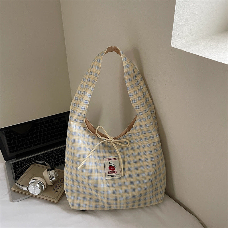 Cute Plaid Shoulder Bag for Women, Soft Nylon Casual Shopping Tote with Drawstring Design, Perfect for Daily Use and Commuting