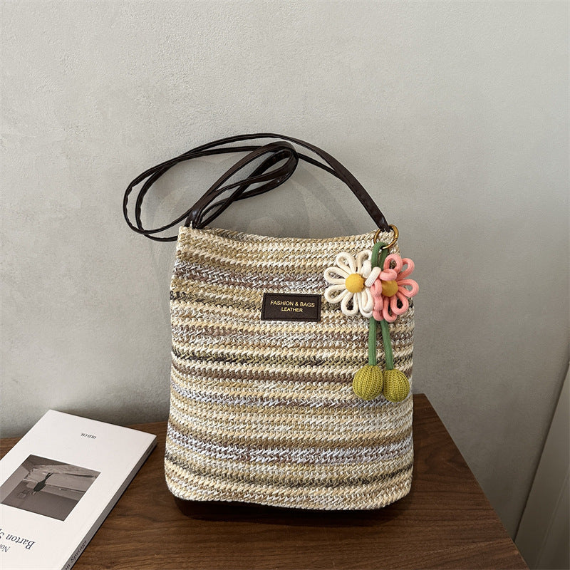 New Woven Tote Bag Flower Ornaments Beach Vacation Style Women's Shoulder Crossbody Straw Bag