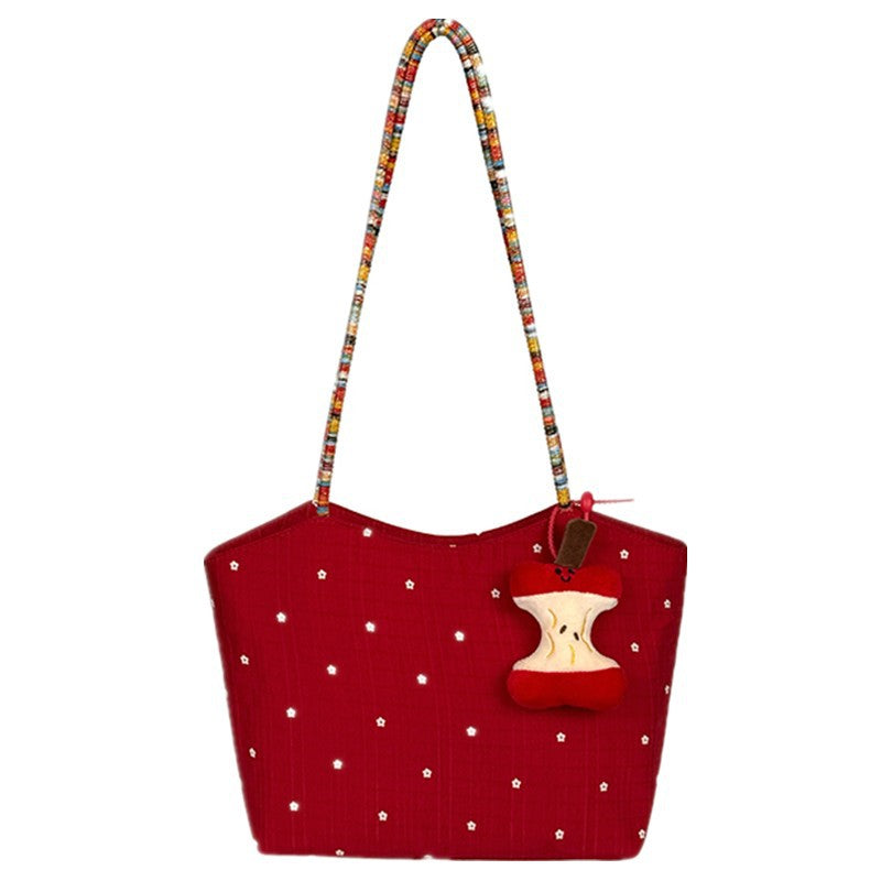 Korean-style red floral canvas bag, women¡¯s new contrast color weave commuter tote shoulder bag