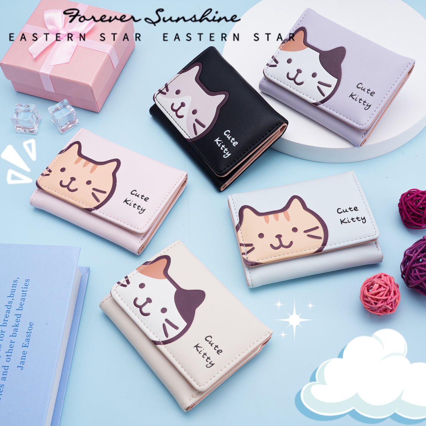 Cute Kitty Print PU Wallet for Women, Fashionable Three-Fold Card Holder with Sweet Cartoon Design