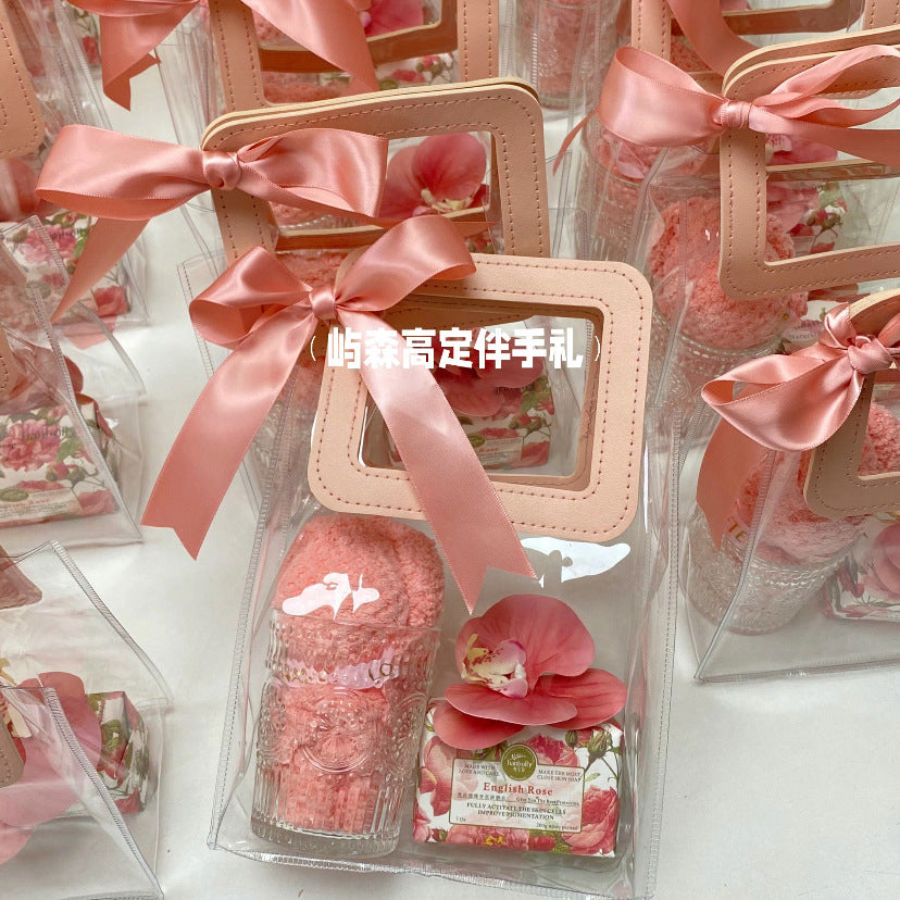 Chic Transparent PVC Tote Bag with Floral Print and Satin Handle for Gift Packaging and Everyday Use