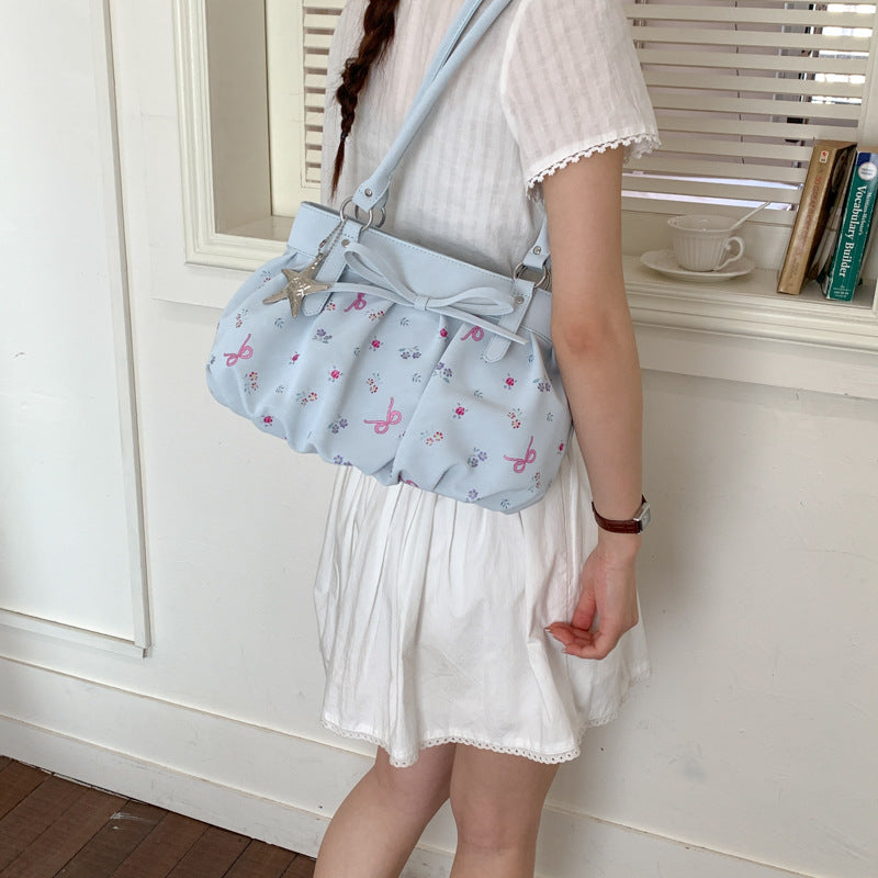 Korean Style Large Capacity Shoulder Bag with Pleated Design and Polka Dot Print for Daily Commute