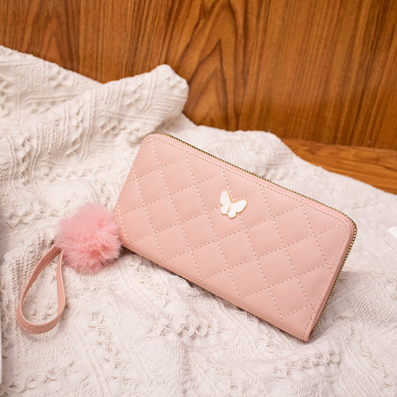 2023 Fashionable Quilted Wallet with Butterfly Charm and Pom-Pom, Multi-Card Slots for Everyday Use