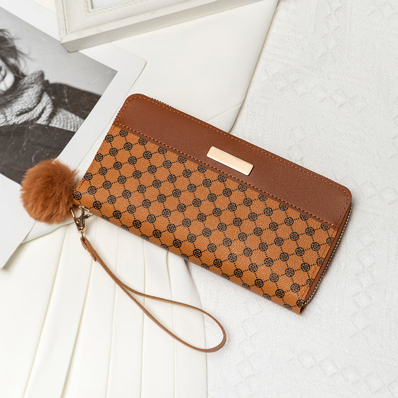 2025 Spring New Printed Long Wallet with Pom-Pom Strap Fashion Women's Clutch Bag