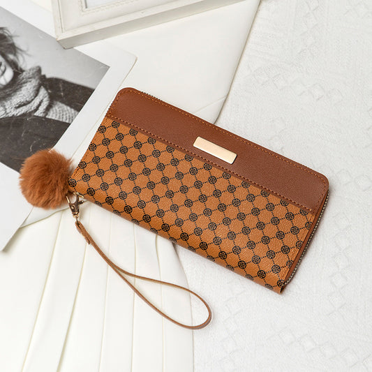 2025 Spring New Printed Long Wallet with Pom-Pom Strap Fashion Women's Clutch Bag
