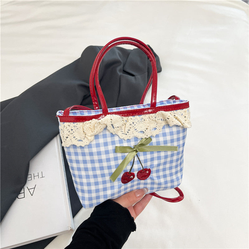 Plaid Tote Women's Summer New Fresh Cherry Hand Carrying Polka Dot Bow Cute Crossbody Bag