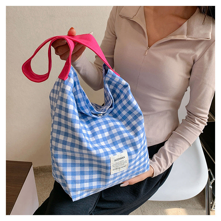 Cute Checkered Canvas Tote Bag with Colorful Handles for Daily Use and Shopping