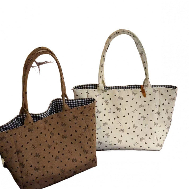 Women's Canvas Bag Large Capacity Love Heart Bow Tie New All-Match One-Shoulder Fashion Portable Commuter Tote