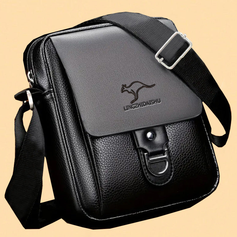 Stylish PU Leather Men's Shoulder Bag with Kangaroo Logo, Business Casual Crossbody Bag for Daily Use
