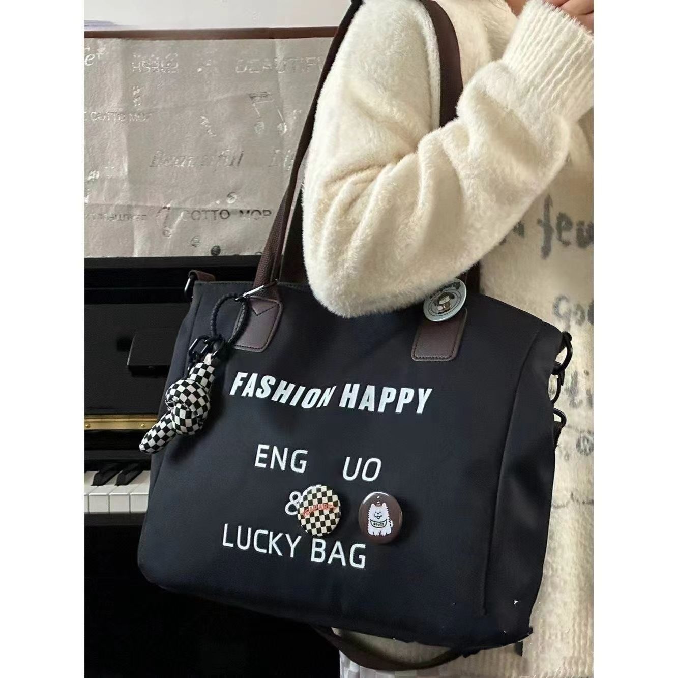 Cute Fashionable Tote Bag with Letter Print & Emoji Charms for Daily Commute and College Life