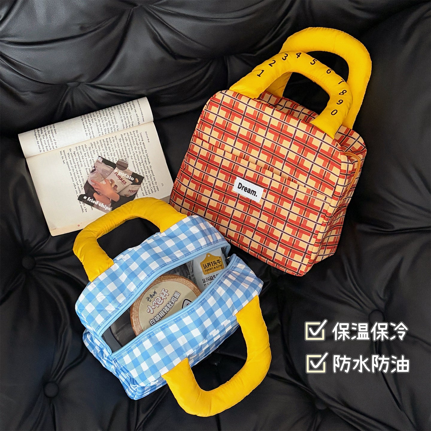 Contrast Color Check Portable Lunch Bag Female Student Large Capacity Insulated Bag Commuter with Meal Lunch Bag