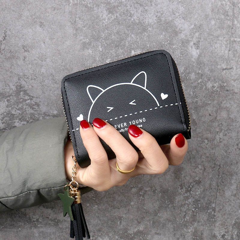 Cute Cat Zipper Wallet with Tassel Charm for Women, Stylish Card Holder and Coin Purse with Sweet Animal Design