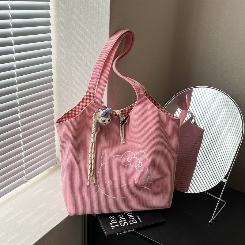 Large Corduroy Embroidered Tote Bag with Cartoon Design, Soft Structure, Multiple Inner Pockets for Daily Use