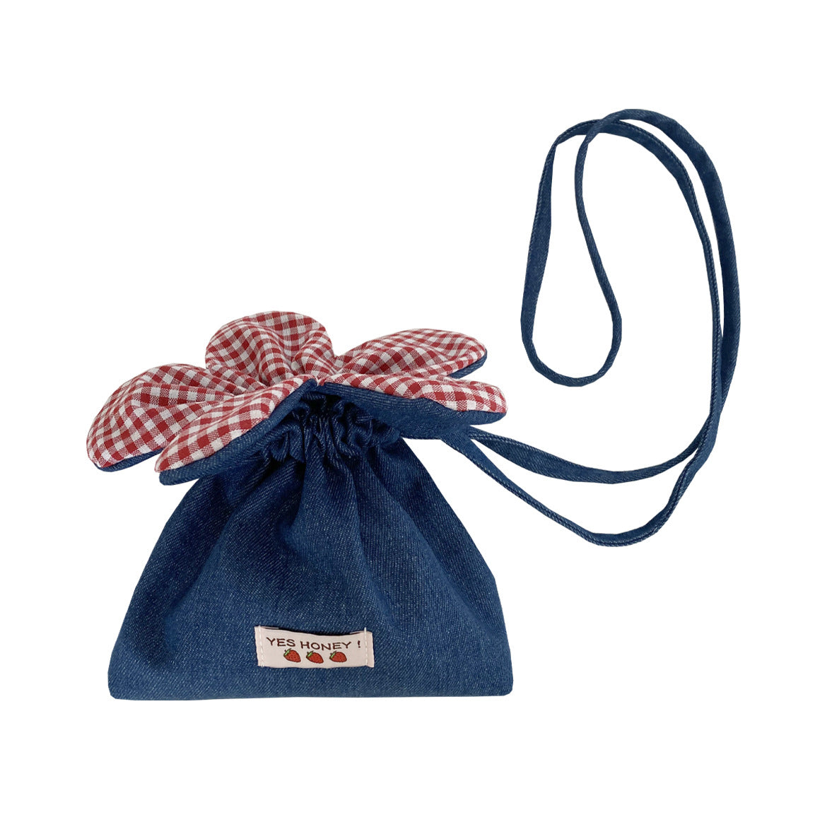 Cute Denim Flower Drawstring Crossbody Bag with Gingham Bloom, Korean Style Casual Phone Pouch for Daily Outings