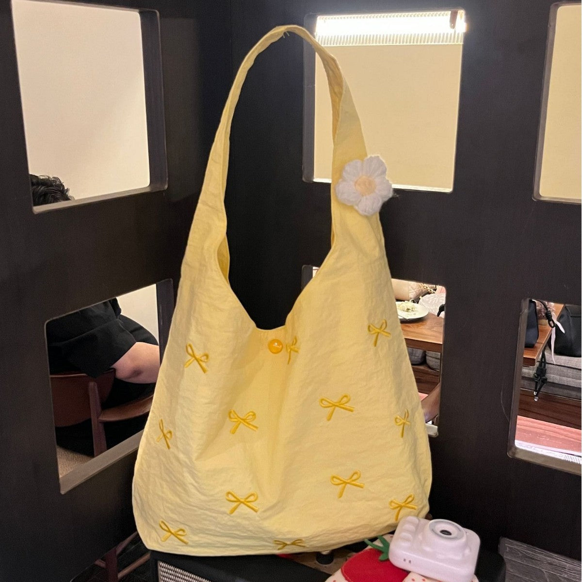 Charming Embroidered Tote Bag with Bow Details, Large Capacity Shoulder Bag for Casual Outings and Daily Commute