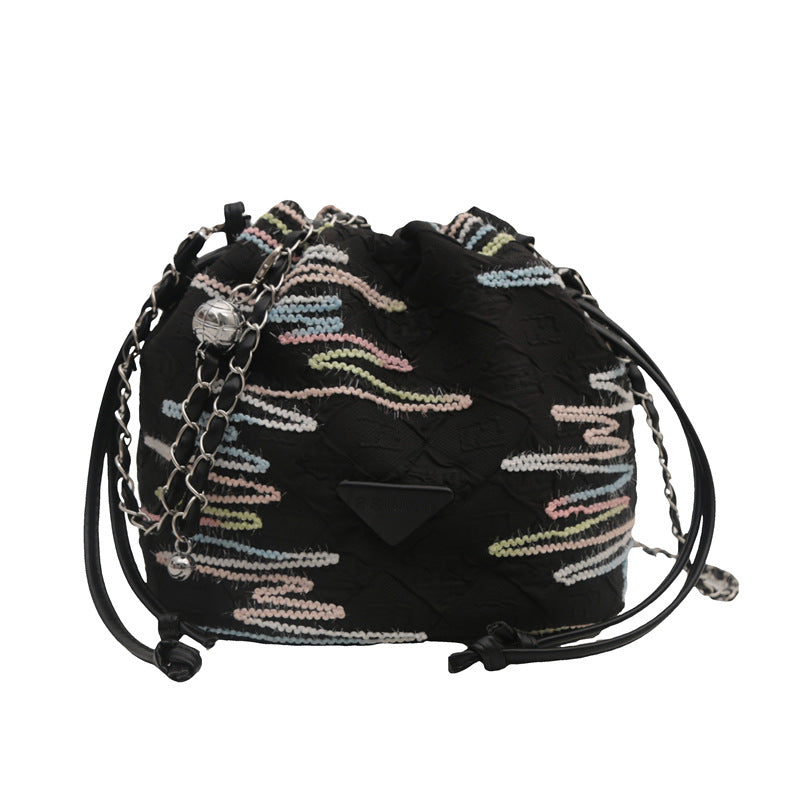 New Chinese Style Rainbow Striped Embroidered Bucket Bag New Summer Rhombus Chain Indentation Shoulder Crossbody Lucky Bag