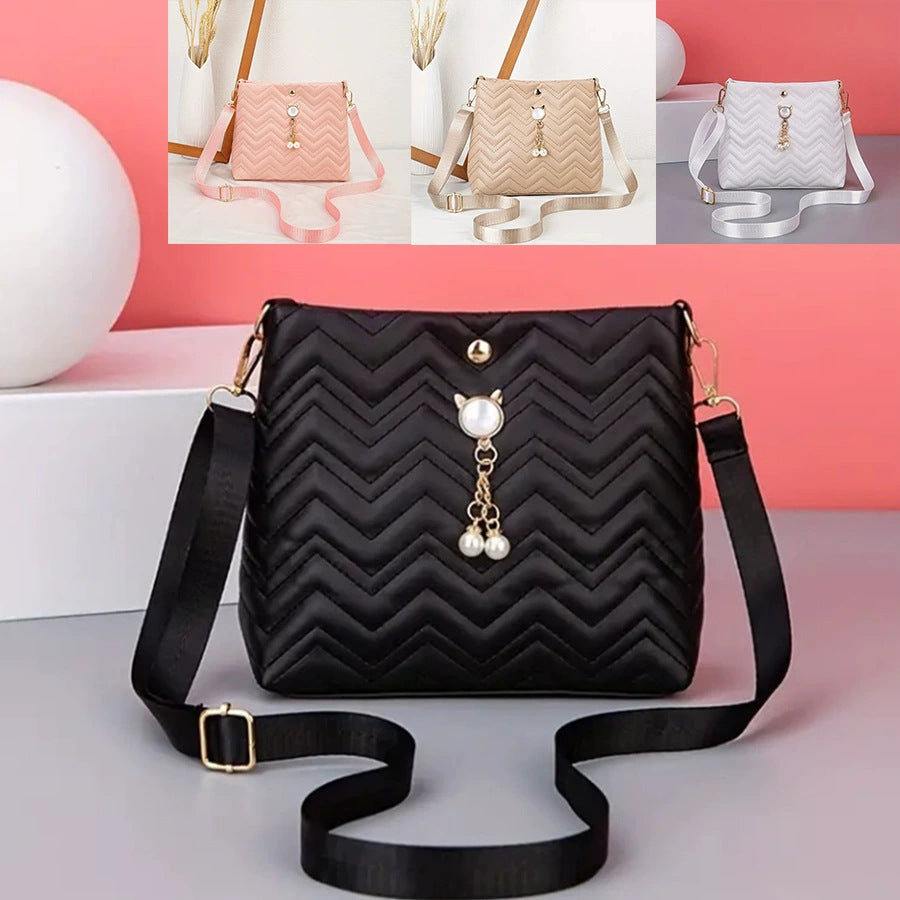 Chic Chevron Quilted Crossbody Bag with Cat Pearl Charm and Magnetic Closure for Daily Fashion