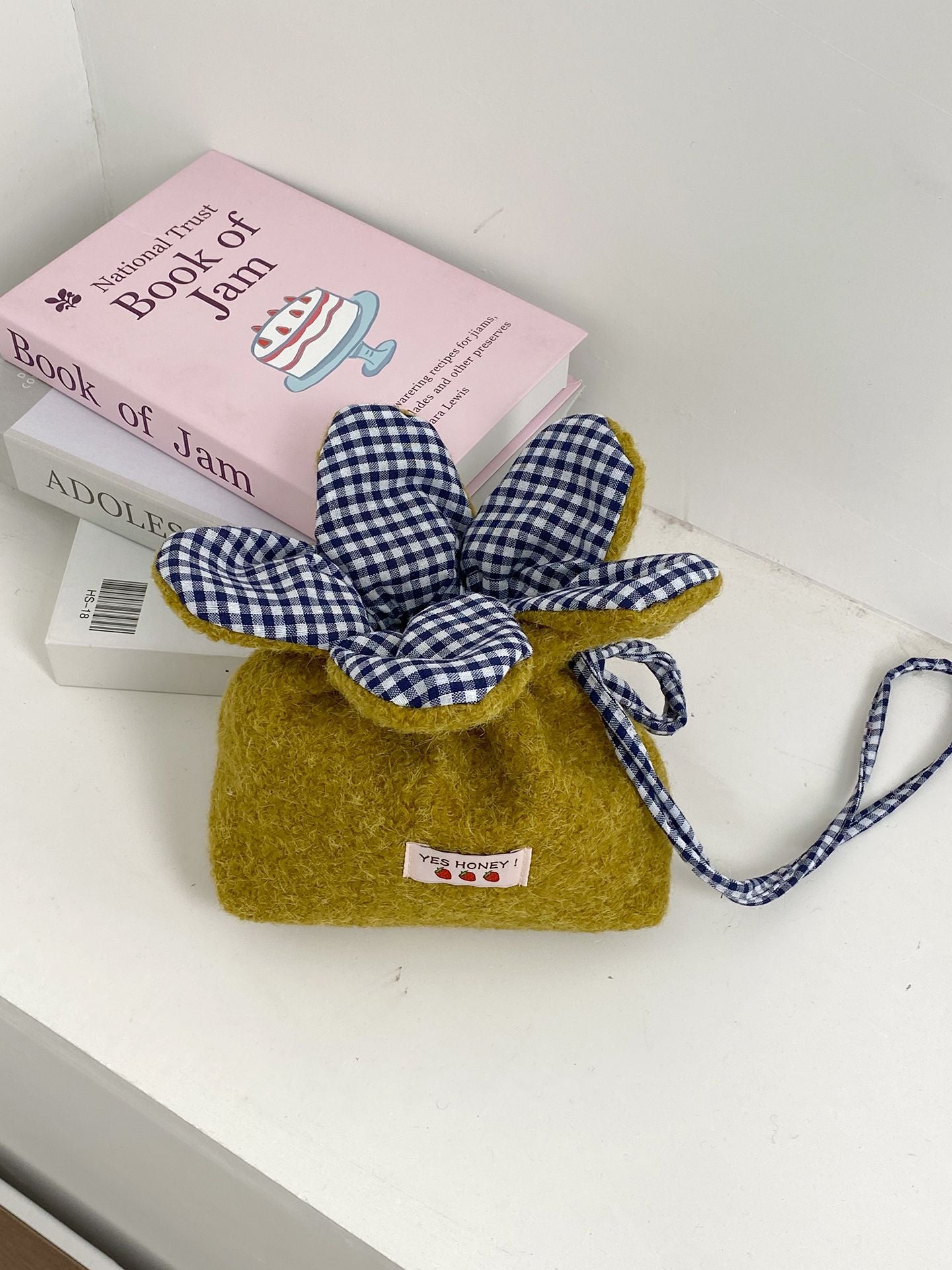 Cute Denim Flower Drawstring Crossbody Bag with Gingham Bloom, Korean Style Casual Phone Pouch for Daily Outings