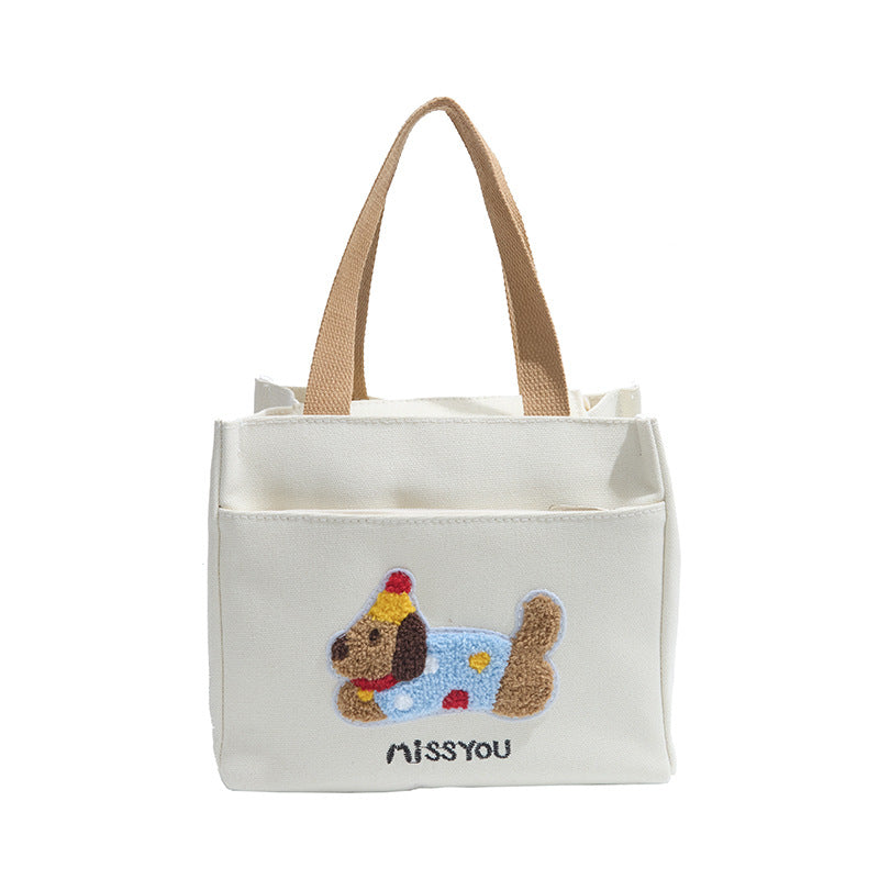 Cute Embroidered Dachshund Canvas Tote Bag for Women, Simple Daily Use Handbag with Phone Pocket and Zipper Closure