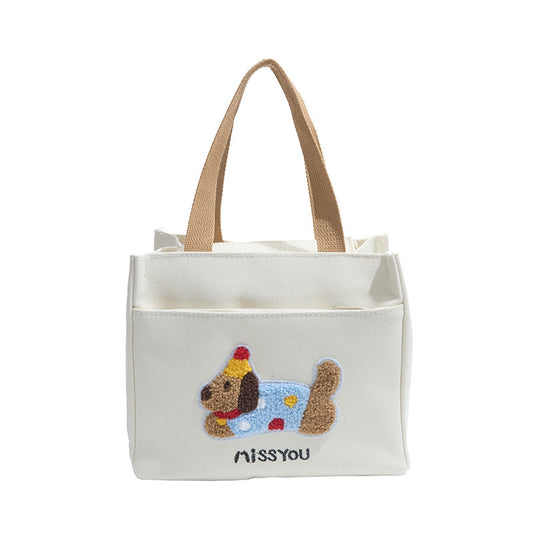 Cute Embroidered Dachshund Canvas Tote Bag for Women, Simple Daily Use Handbag with Phone Pocket and Zipper Closure
