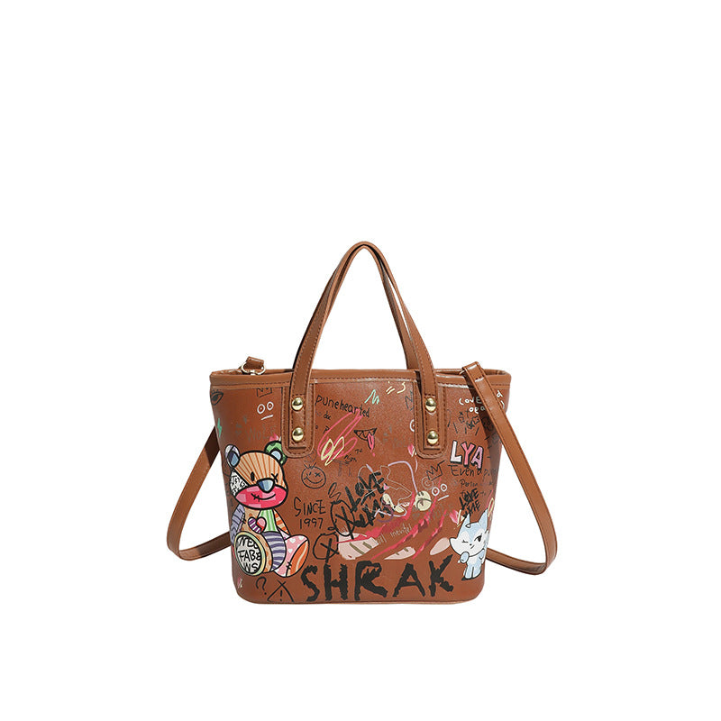 New Cartoon Bear Graffiti Large-Capacity Bucket Bag Fashion Casual Portable Tote Bag Everyday Joker Trendy Item