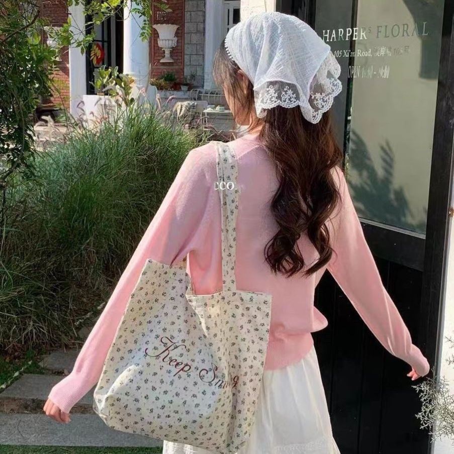 French Floral Letter Canvas Women's Tote Large Capacity Shoulder Bag Women's Leisure Travel Commuter's All-Matching Fashion Style