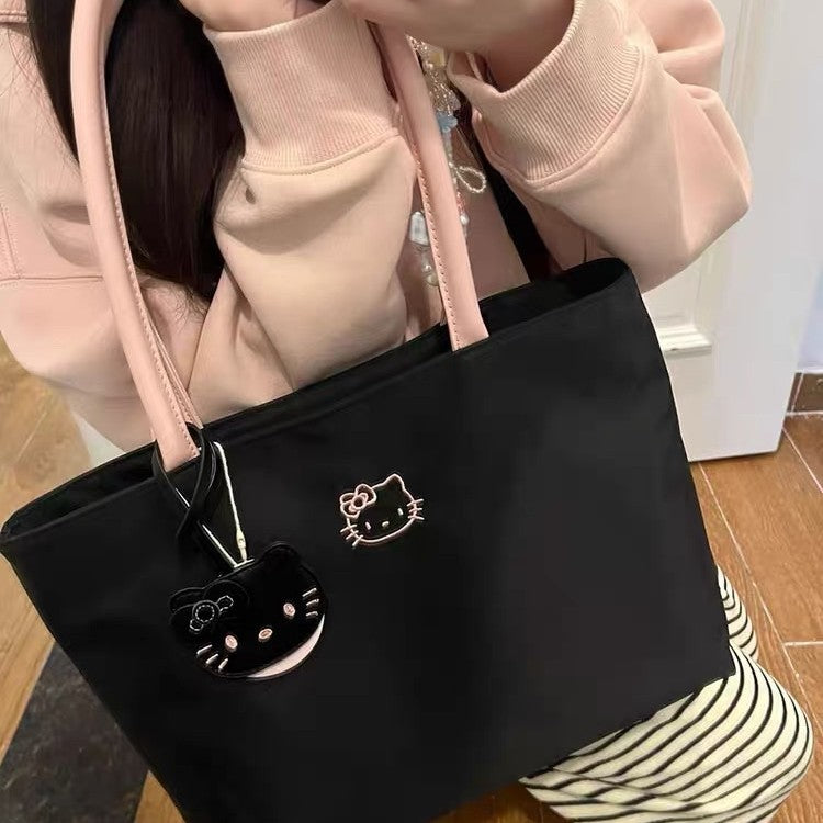 Cute Kitty Embroidered Tote Bag for Women, Large Capacity Soft Nylon Shoulder Handbag with Magnetic Closure and Inner Pockets