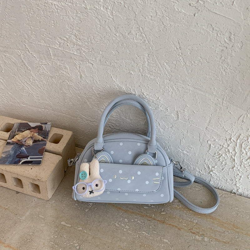 Cute Polka Dot Boston Bag with Embroidered Ears and Charm Pendant, Fashionable Crossbody Handbag for Women