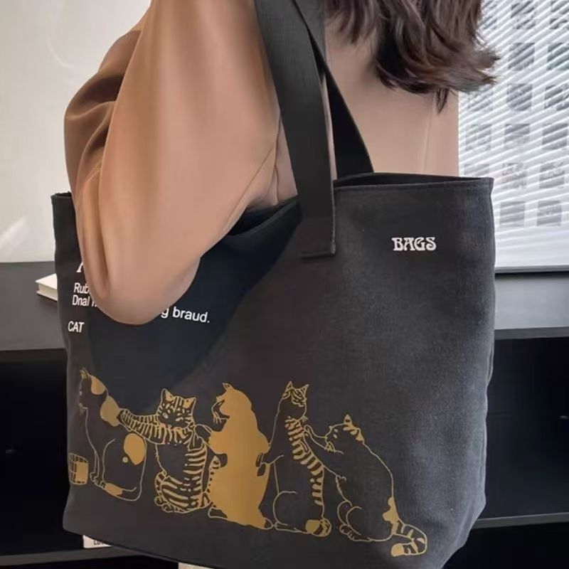 Fashionable Canvas Tote Bag with Cute Cat Print, Large Capacity Shoulder Bag for Daily Use and Travel
