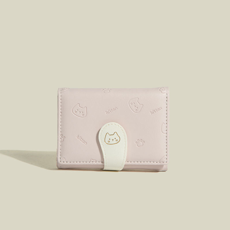 Cat Tail Cute Ladies Card Holder Fashion Buckle Cartoon Printed Pu Short Tri-Fold Coin Purse Wallet
