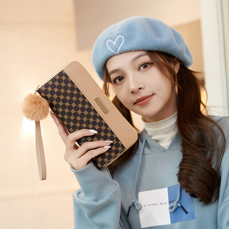 Stylish Long Zipper Wallet with Pom-Pom Charm and Multiple Card Slots for Women