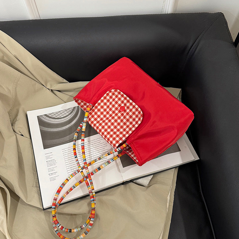 2025 New Large Capacity Canvas Tote Bag with Checkered Flap and Beaded Strap, Street Style Everyday Shoulder Bag for Women