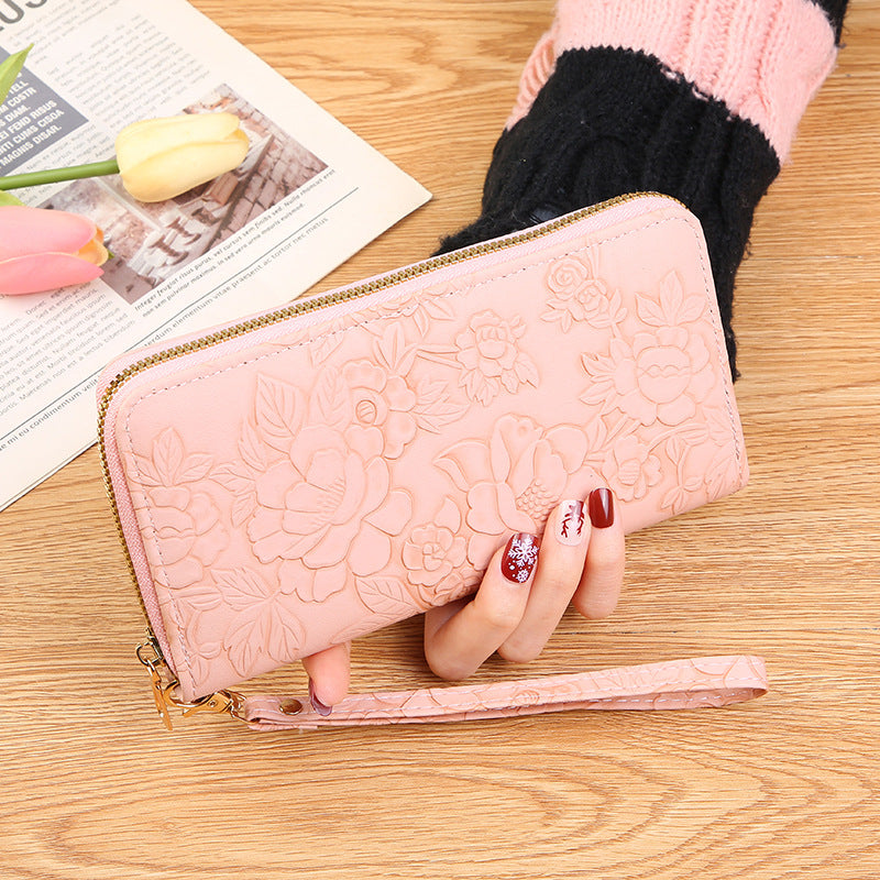 Elegant Floral Embossed Long Wallet with Zipper and Wrist Strap, Fashionable Women's Purse with Multiple Inner Compartments for Phone and Cards