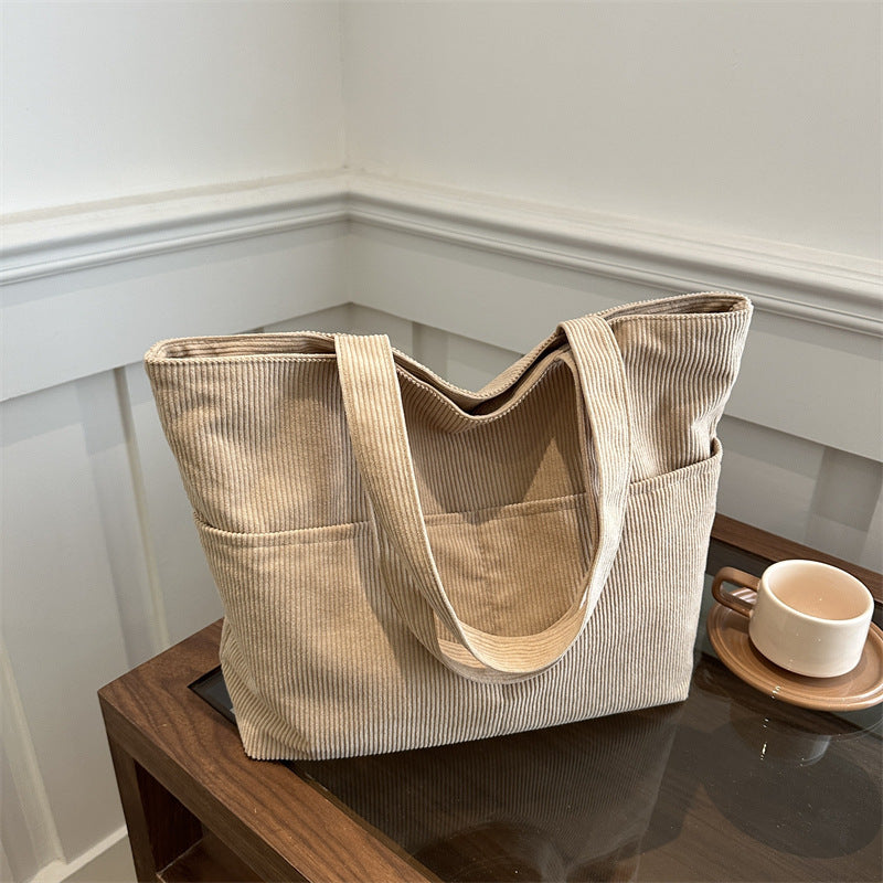 Corduroy Bag Women's Korean-Style Large Capacity New Pure Color Artistic Student Shoulder Tote Bag