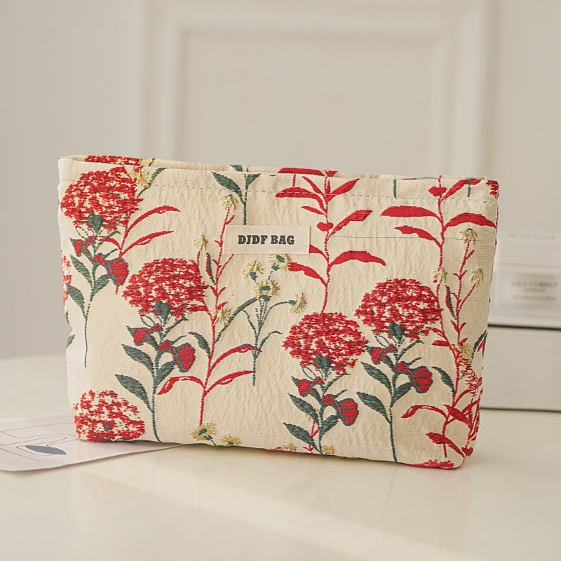 Cream Style Embroidered Flower Women's Cosmetic Bag Large Capacity Zipper Design Daily Portable Hand Buggy Bag