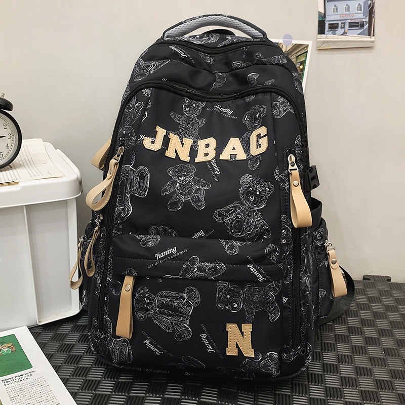Fashionable Letter Print Backpack for Kids and Students, Breathable Nylon School Bag with Cute Bear Pattern