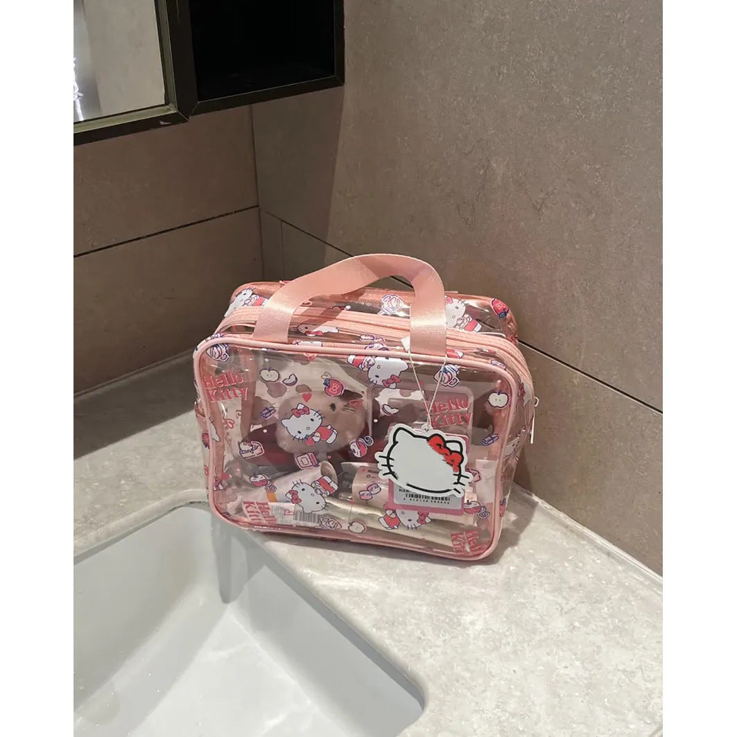 Cute Transparent Hello Kitty Cosmetic Bag with Waterproof Design and Large Capacity for Daily Use