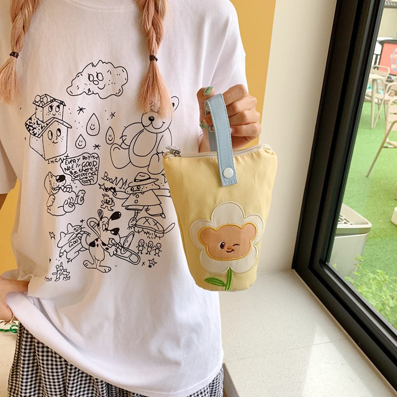 Cute Floral Bear Bucket Bag for Students and Daily Use, Soft Canvas Handbag with Zipper Closure