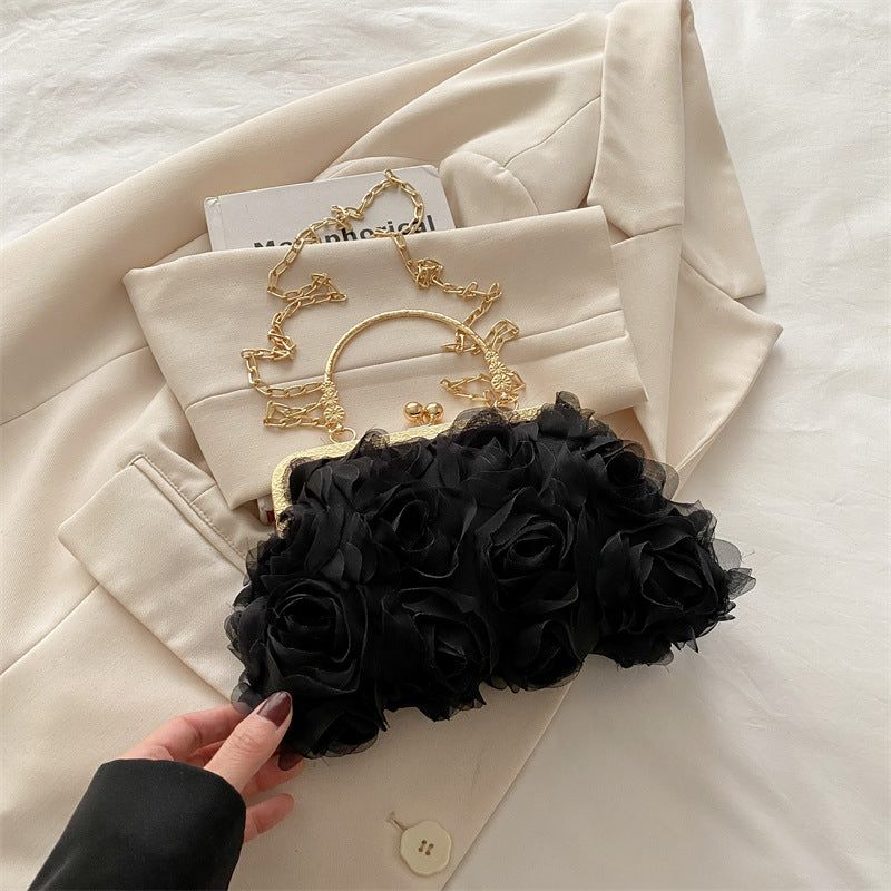 Chiffon Three-Dimensional Flower Dinner Bag Champagne Women's Handmade Dress Garment Bag Chain Decoration Handbag