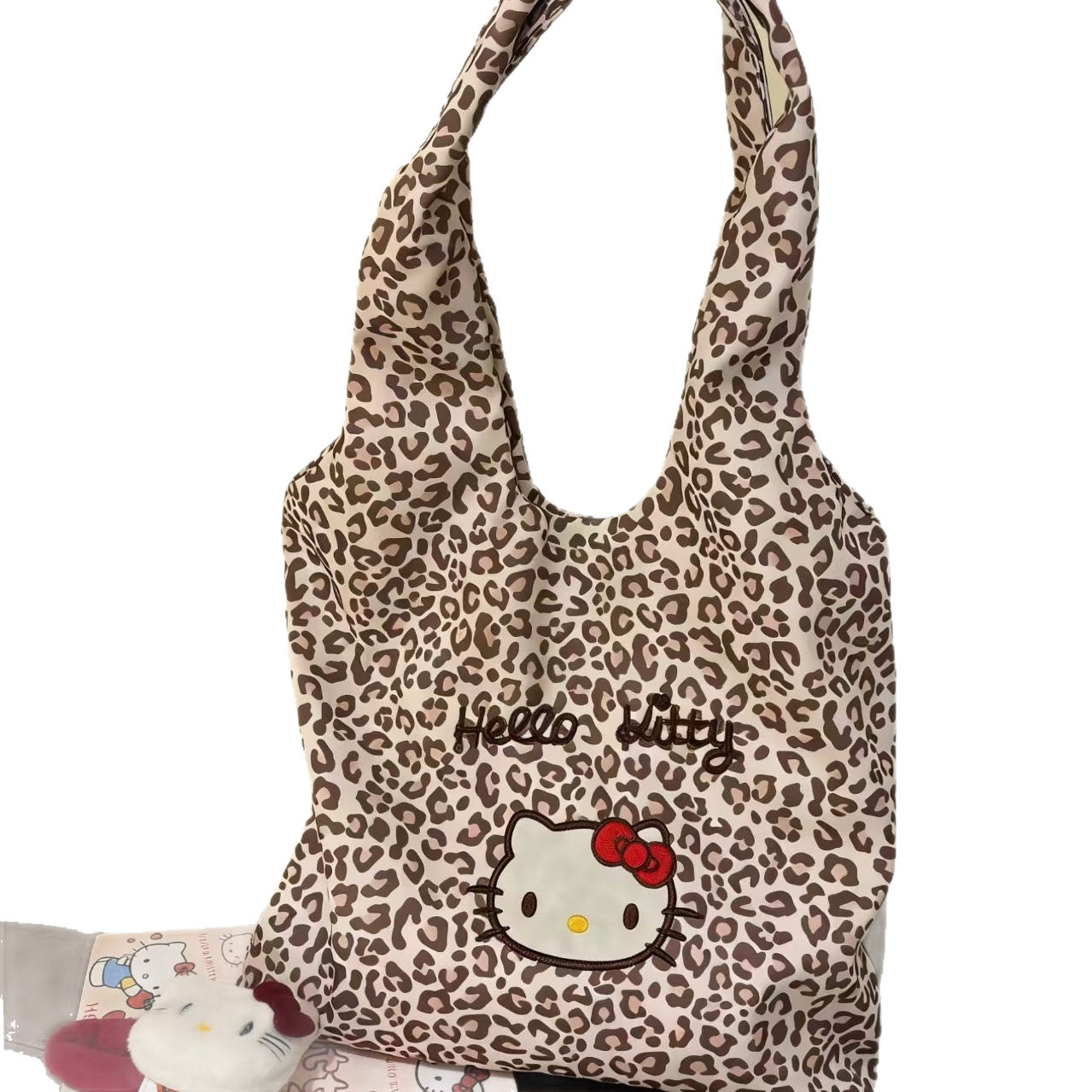 Hello Kitty Leopard Print Embroidered Tote Bag Large Capacity Shoulder Handbag for Daily Fashion