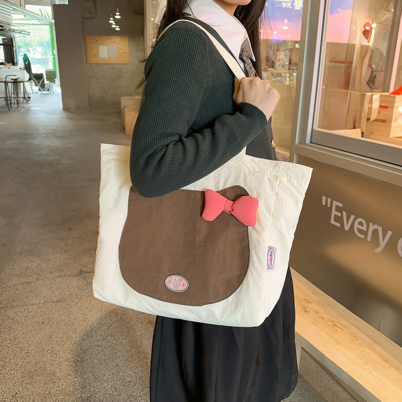 Cute Cat Face Tote Bag with Bowknot Design, Nylon Shoulder Bag for Daily Use and Shopping, Sweet Style