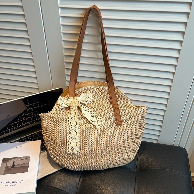 Straw Bag Women's Large Capacity New Summer Solid Color Simple Seaside Holiday Leisure Bag Shoulder Woven Bag