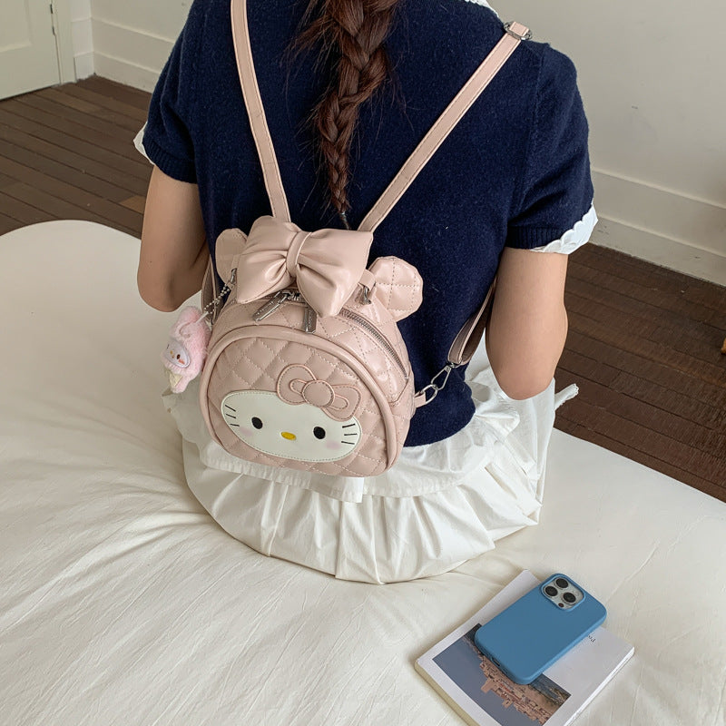 Cute Hello Kitty Quilted Backpack with Bow and Ice Cream Charm, Perfect for Daily Use and Outings
