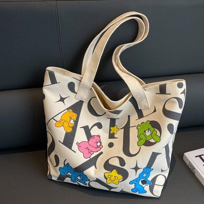 New Fashion Canvas Tote Bag for Women with Cute Bear Print, Large Capacity, Daily Commute & Casual Style