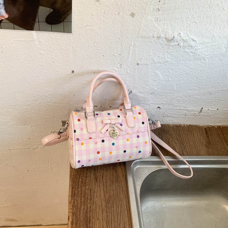 Cute Korean Summer Handbag with Polka Dot Bowknot Design, Soft Cylinder Shape Tote for Daily Use