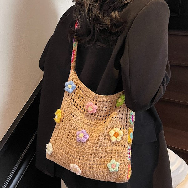 Large Capacity Commuter High-Grade Flower Tote Bag for Women New Spring and Summer Hollow out Knitted Bag Shoulder Woven Bag