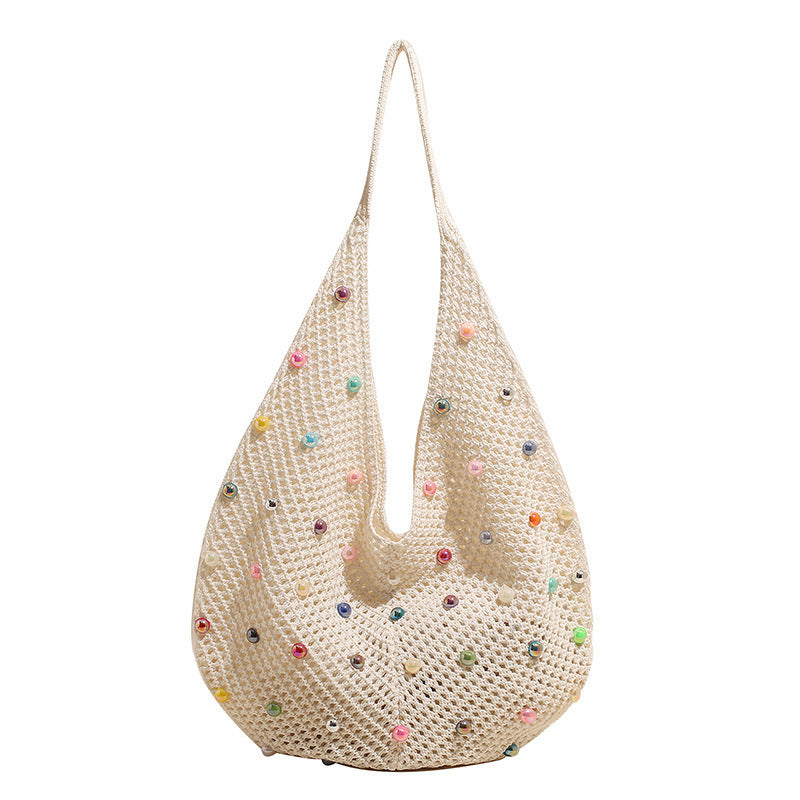 Holiday One-Shoulder Women's Color Knitted New Large Capacity Sense Hollow Pearl Beach Bag